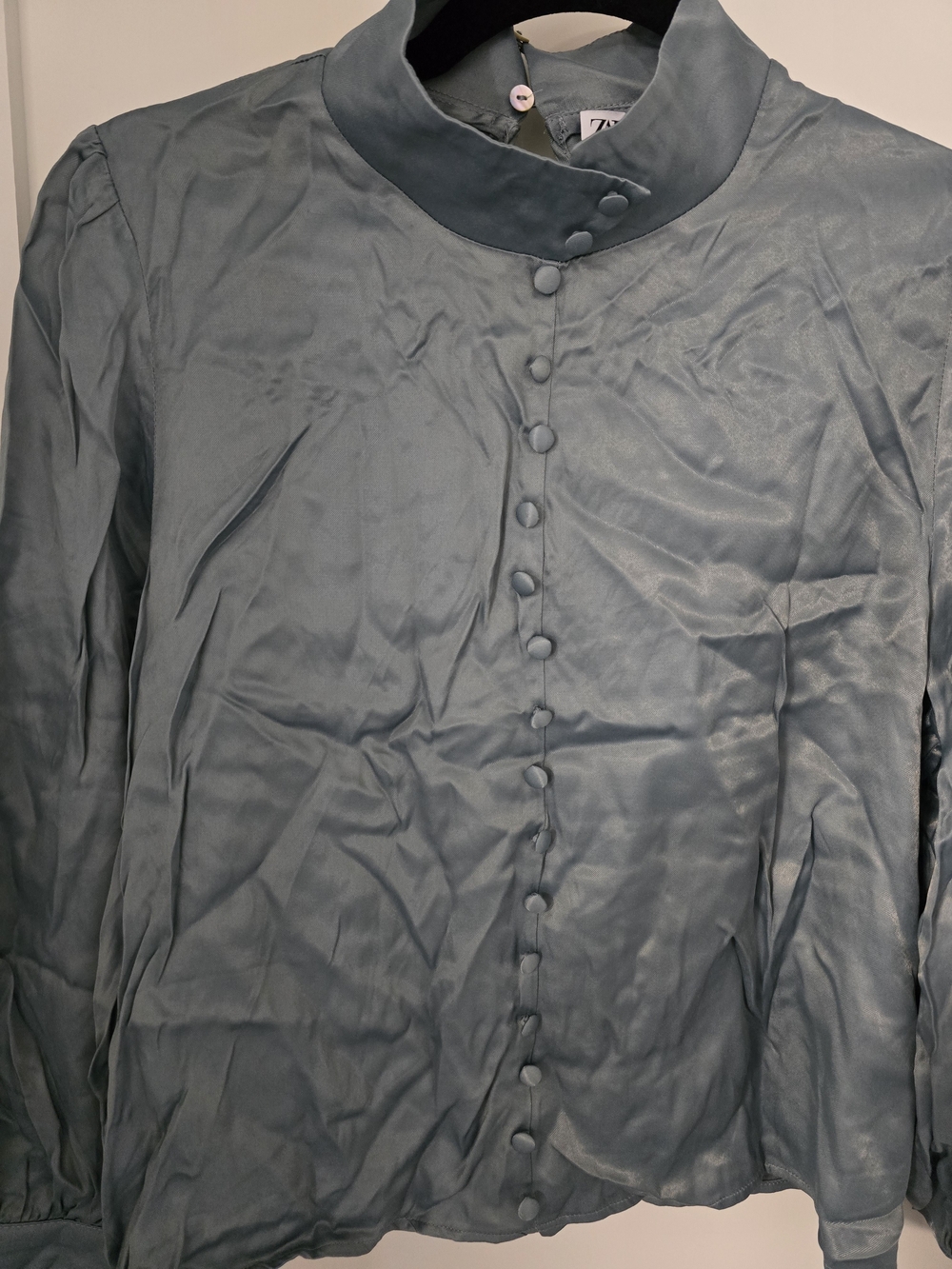 Zara Dusky Blue Satin Button-Front Mandarin Collar Blouse